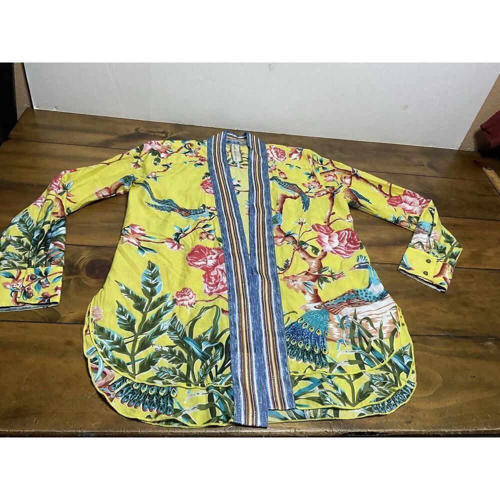 Aratta Silent Journey Women's Embellished Kimono Top Yellow Floral/Birds Size XS